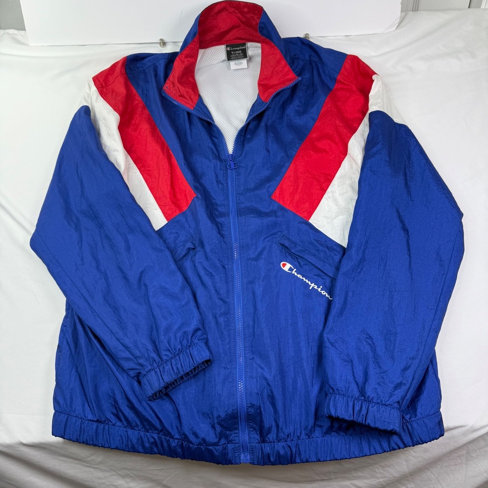 Champion Mens XL Colorblock Windbreaker Jacket Blue Red White Full Zip Mesh Line